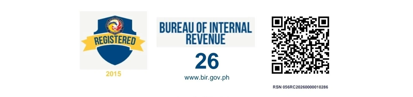 BIR registered badge, Bureau of Internal Revenue 26, and registration QR code