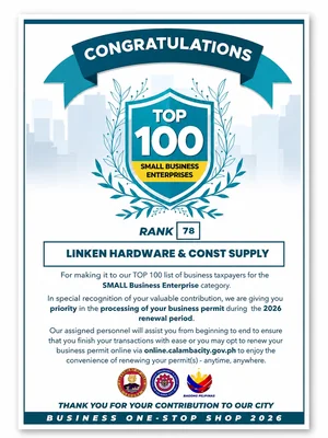Calamba City Top 100 Small Business Enterprise taxpayer recognition certificate